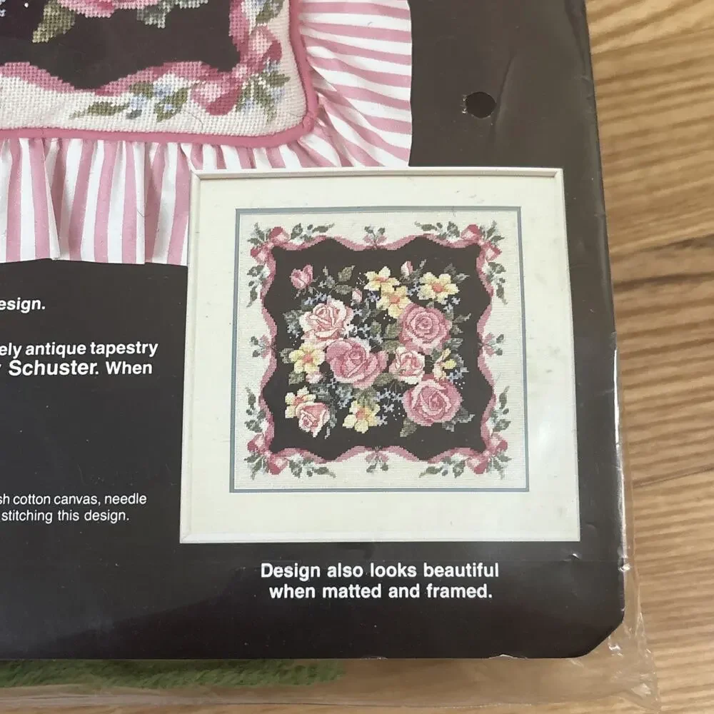 Vintage Grandmillenial Wool Needlepoint Kit Ribbon Bow And Roses Pink 13 Mesh